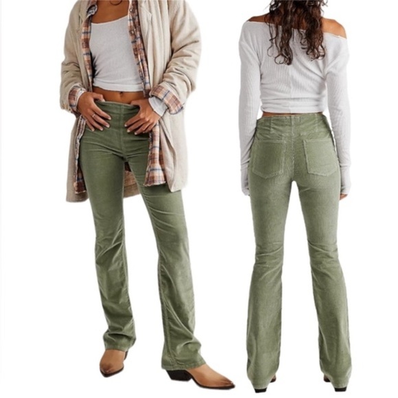 Free People We The Free corduroy ribbed jenny high rise flare pants green 28 new - Picture 1 of 11